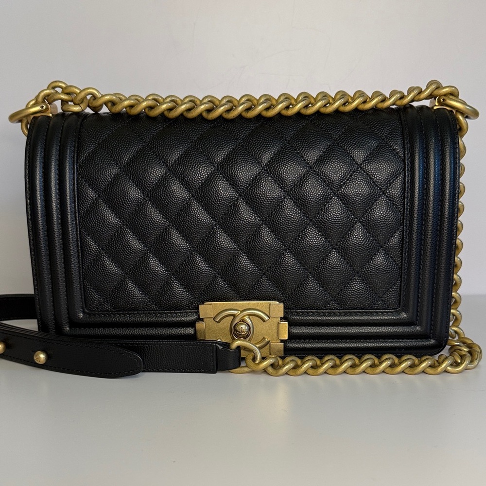CHANEL Black Caviar Quilted Boy Bag with Gold Chain